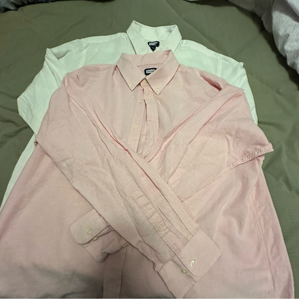 LOT OF 2 - Lands' End Men's White & Pink Linen & Cotton Button Downs - Size XL - Picture 6 of 11